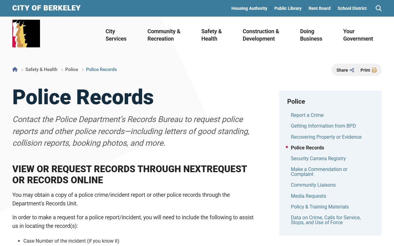 Berkeley Police Department records page for recent arrest information