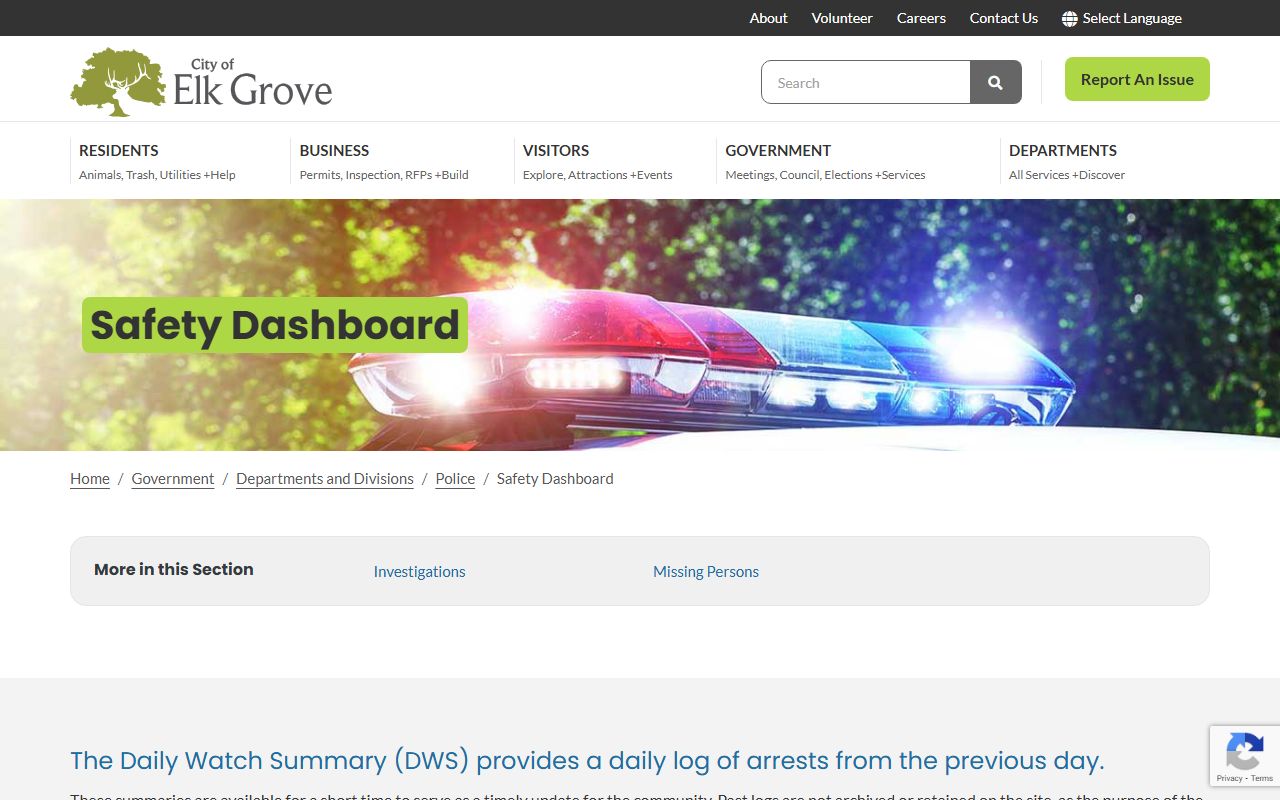 Elk Grove Police Department safety dashboard showing recent arrest data