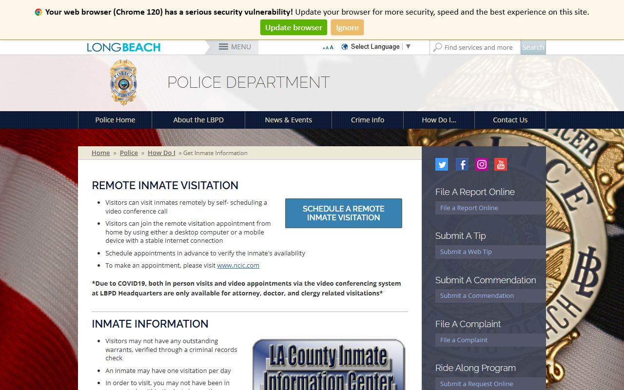 Long Beach Police Department inmate information page for recent arrests
