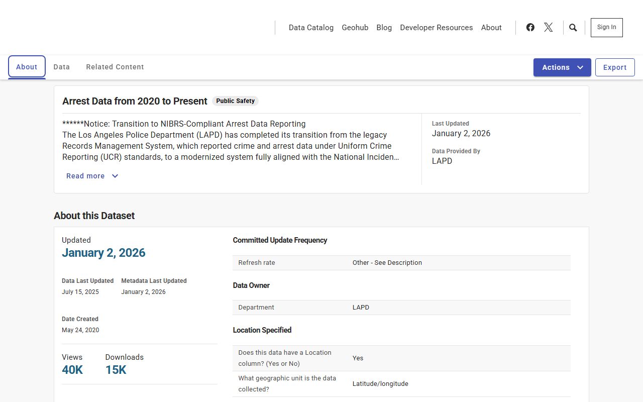 Los Angeles open data portal showing recent arrest records