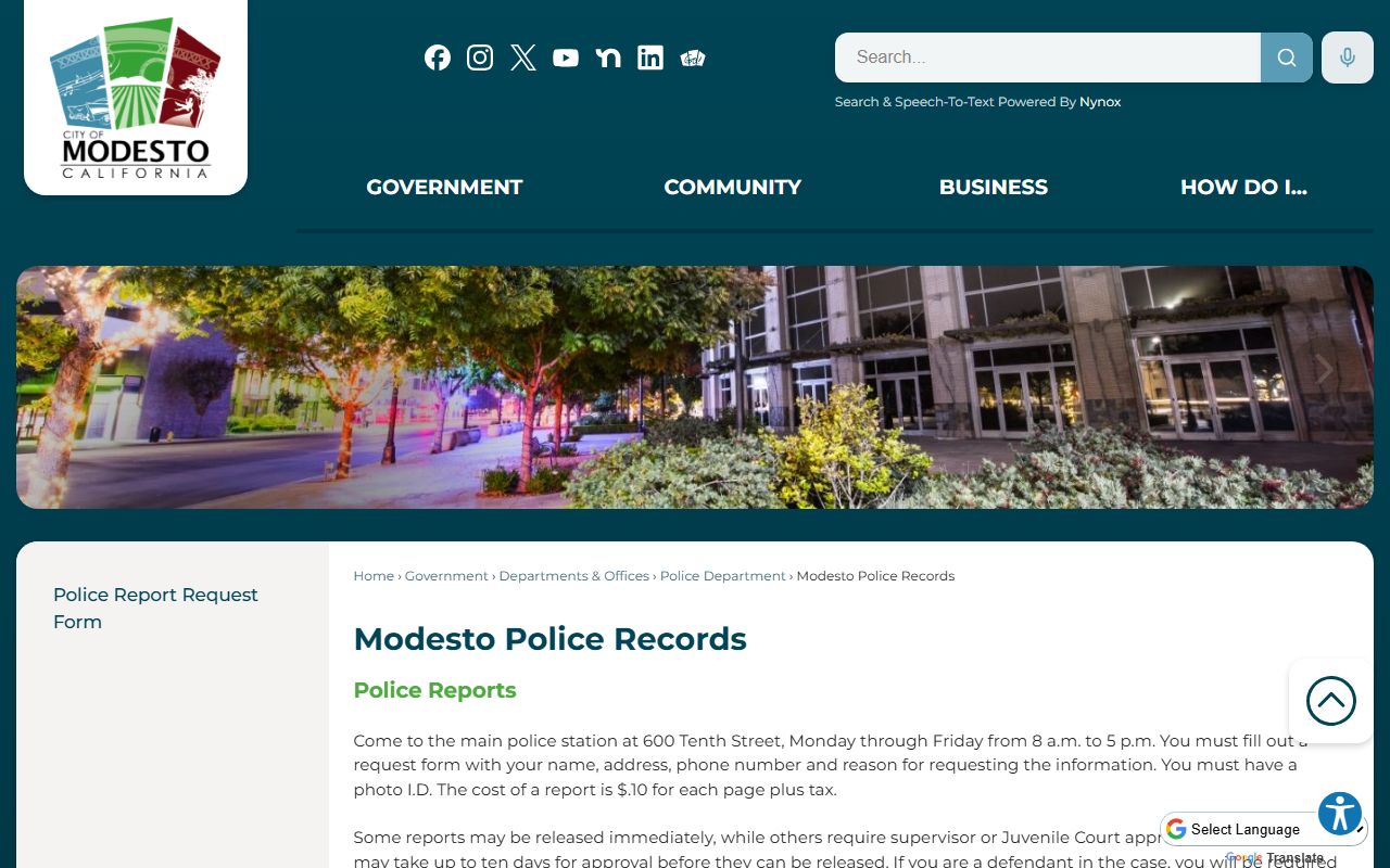 Modesto Police Department records page for arrest information