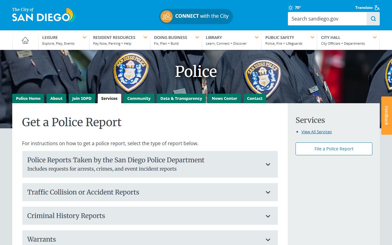 San Diego police records request page for recent arrest information
