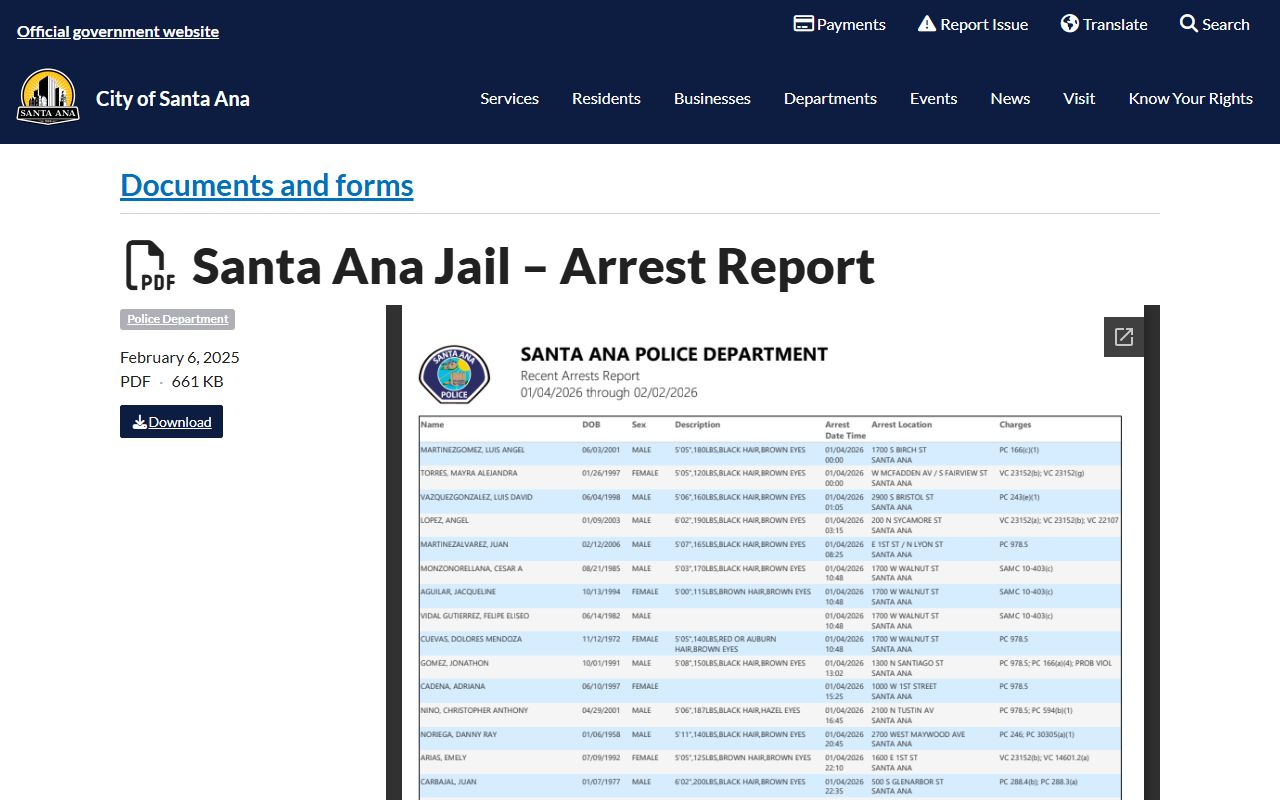 Santa Ana Police Department arrest report page for recent arrests