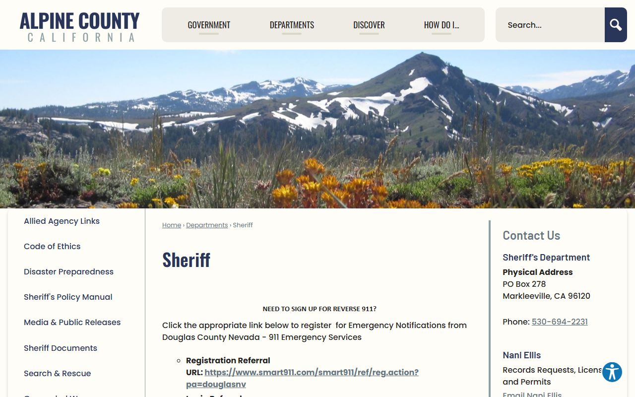 Alpine County Sheriff's Office website for arrest record information
