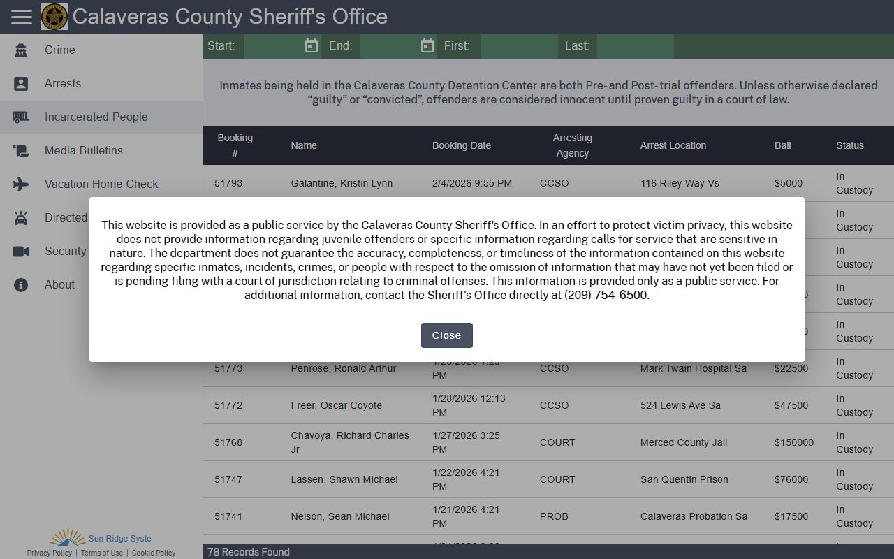 Calaveras County Sheriff inmate search for recent arrest records