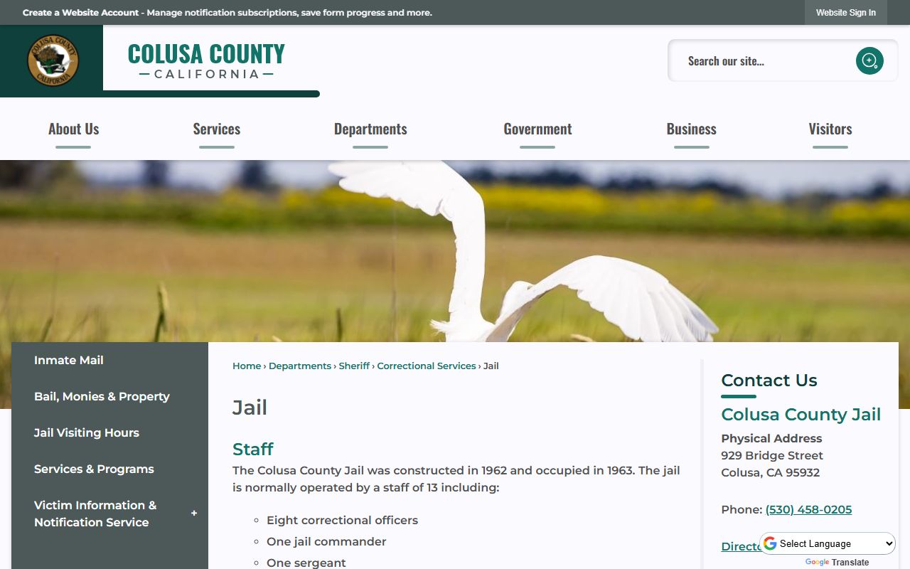 Colusa County Sheriff jail information page for arrest records