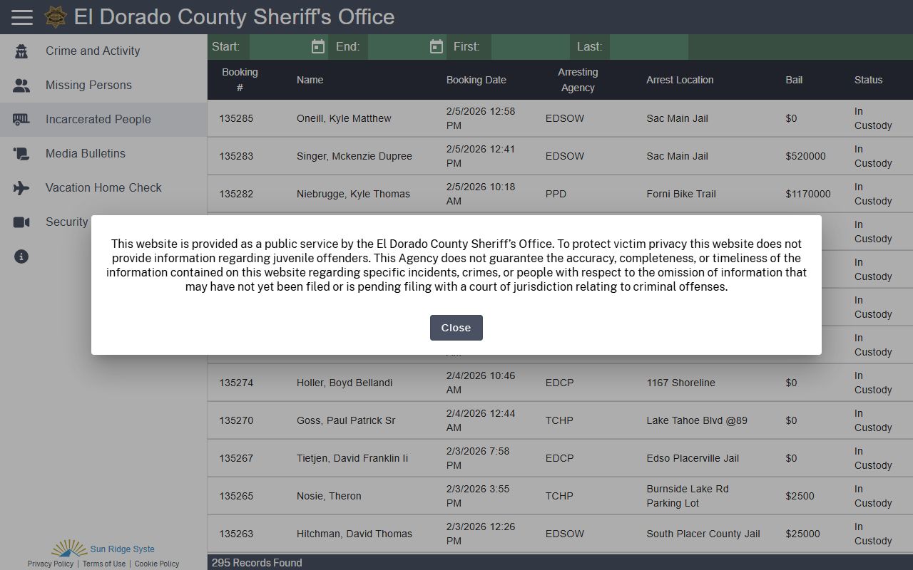 El Dorado County Sheriff inmate search for recent arrest records