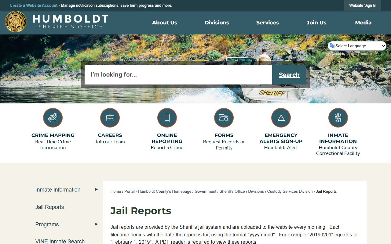 Humboldt County jail reports page showing recent arrest records