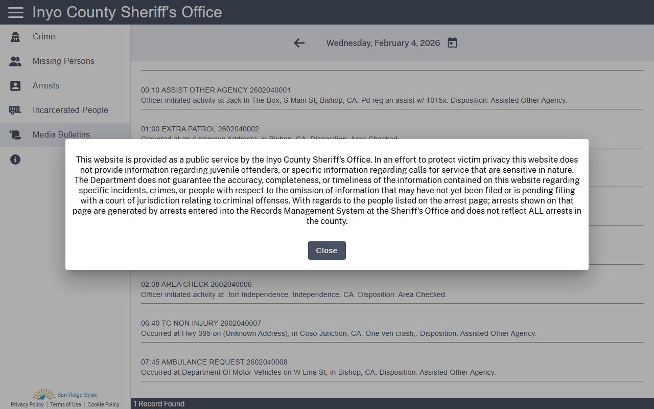 Inyo County Sheriff CitizenRIMS portal for recent arrest records
