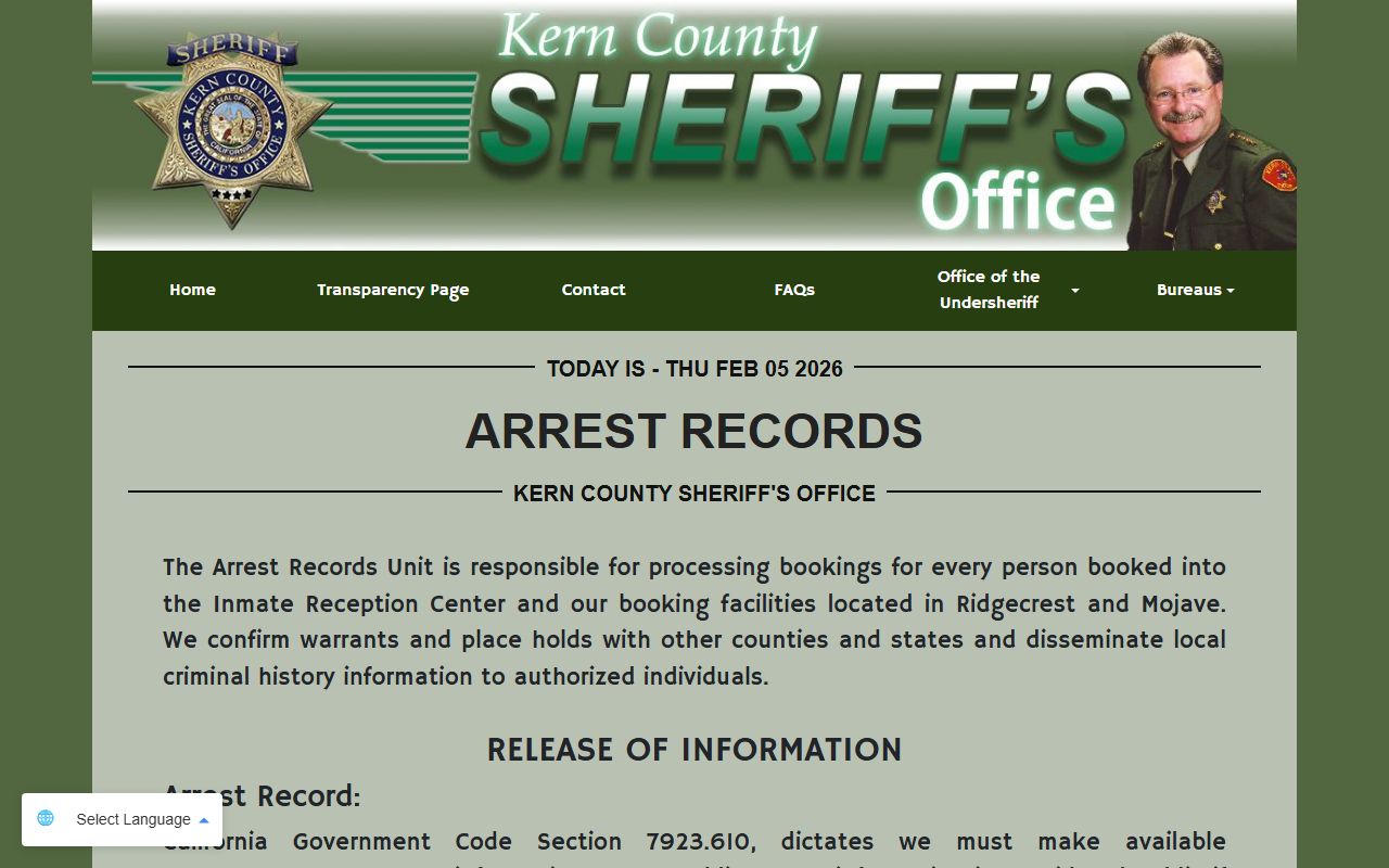 Kern County Sheriff arrest records unit page for recent booking information