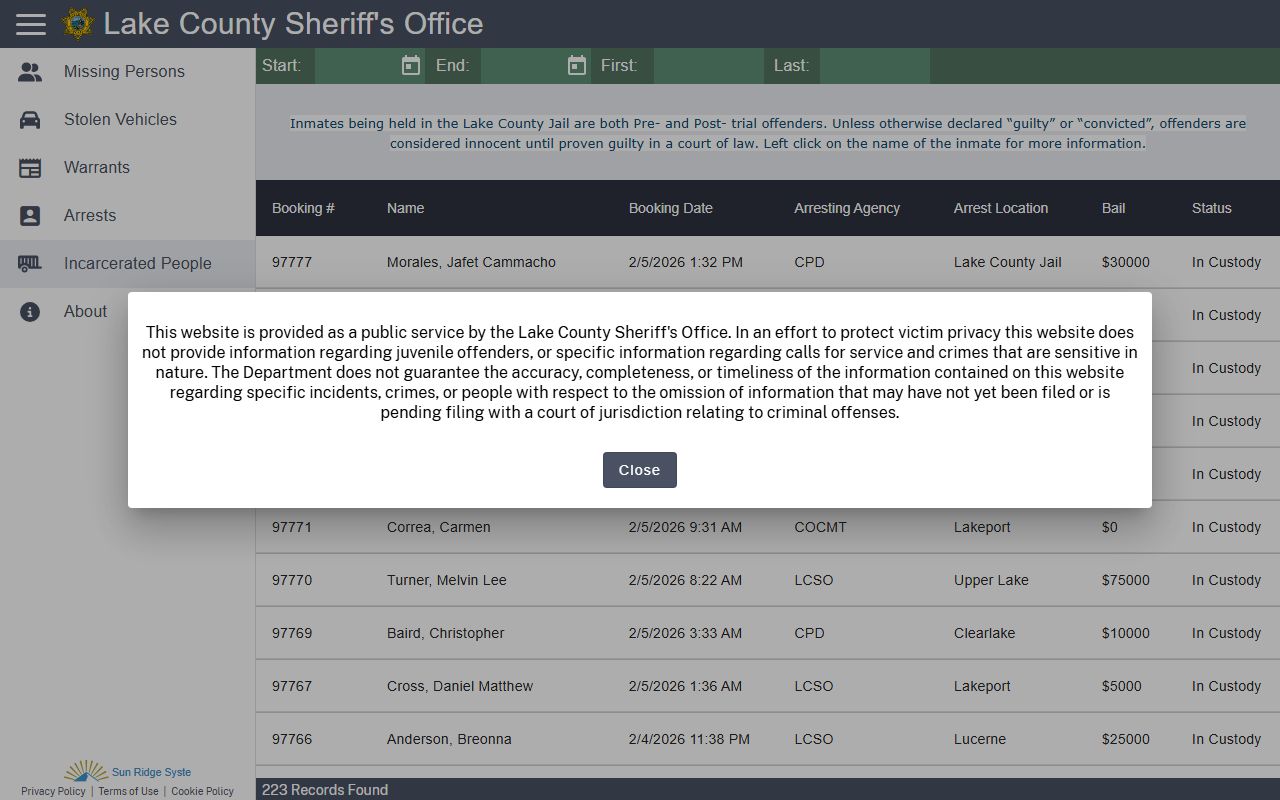 Lake County CitizenRIMS portal showing recent arrest and inmate records