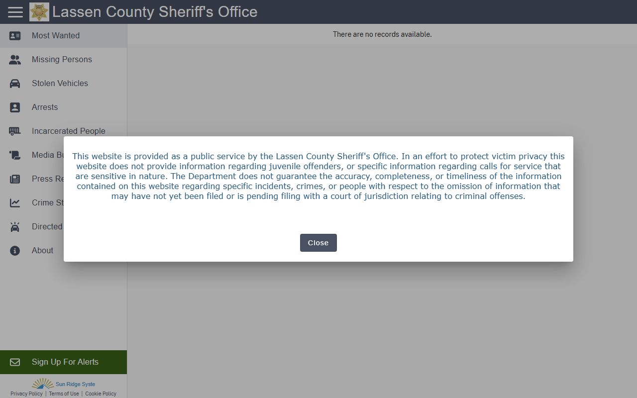Lassen County CrimeGraphics portal for searching recent arrest records