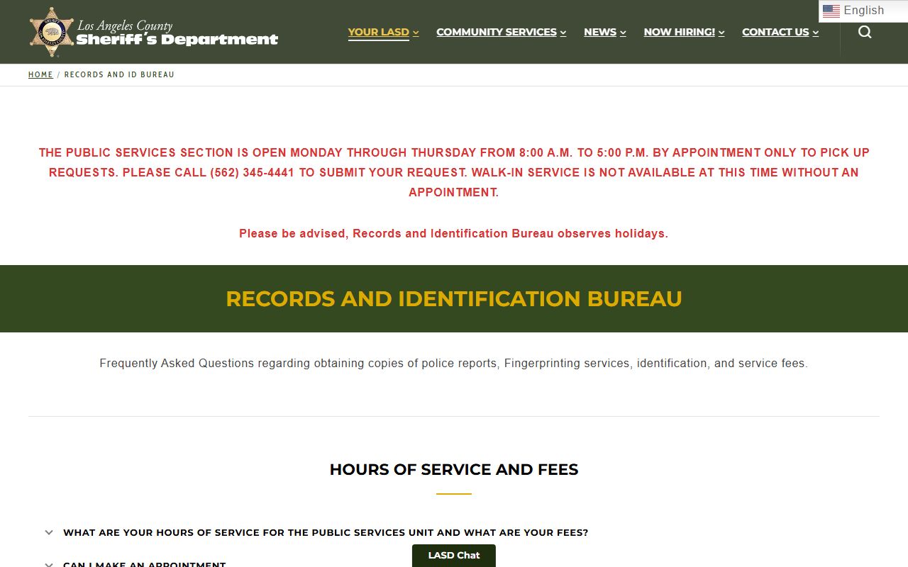Los Angeles County LASD Records and ID Bureau FAQ page for arrest records