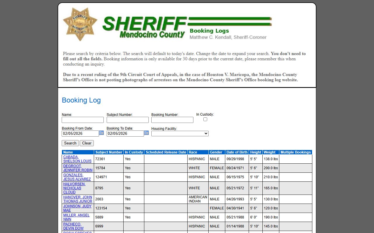 Mendocino County Sheriff booking log for recent arrests and inmate search
