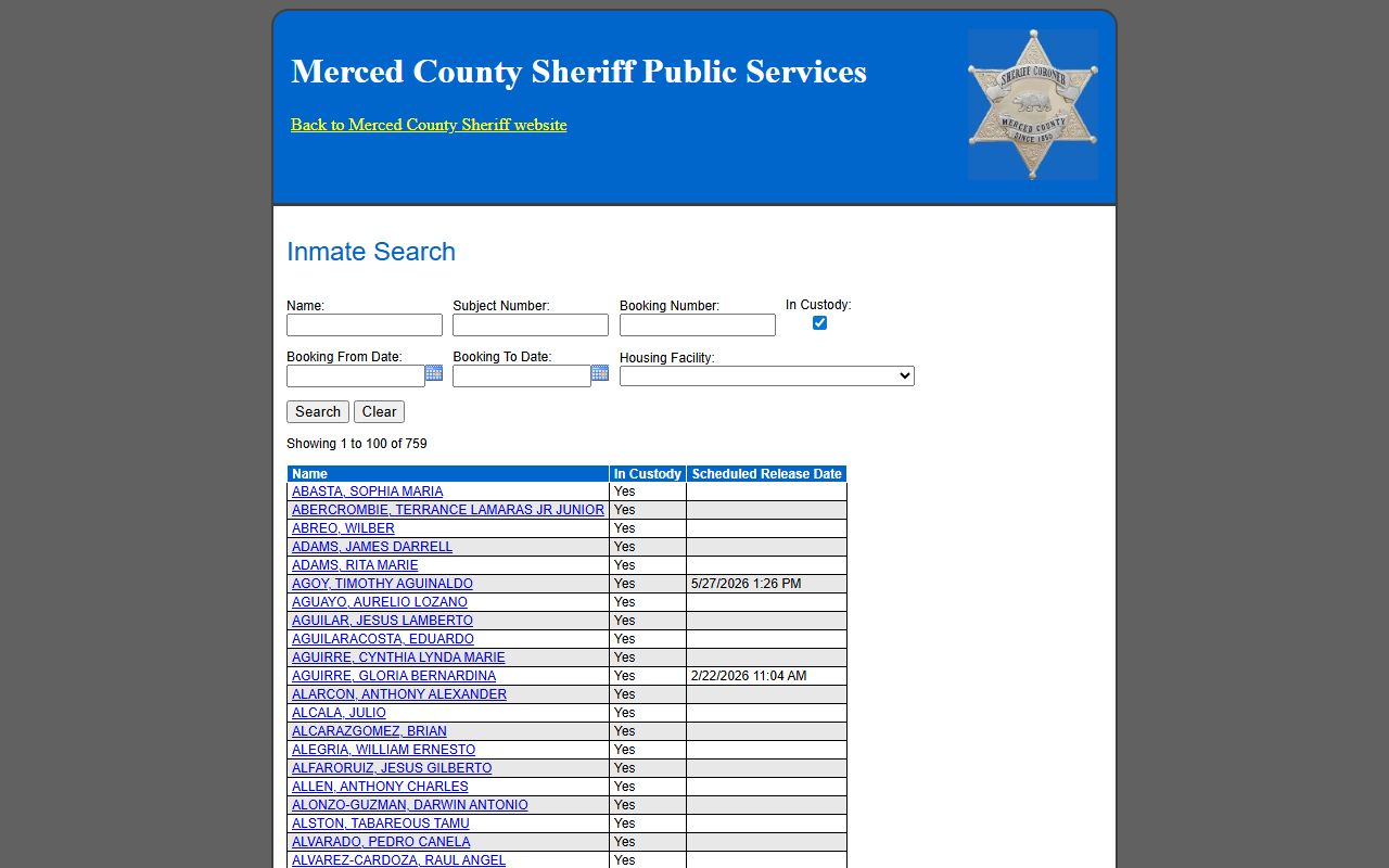 Merced County Sheriff inmate inquiry system for recent arrest records