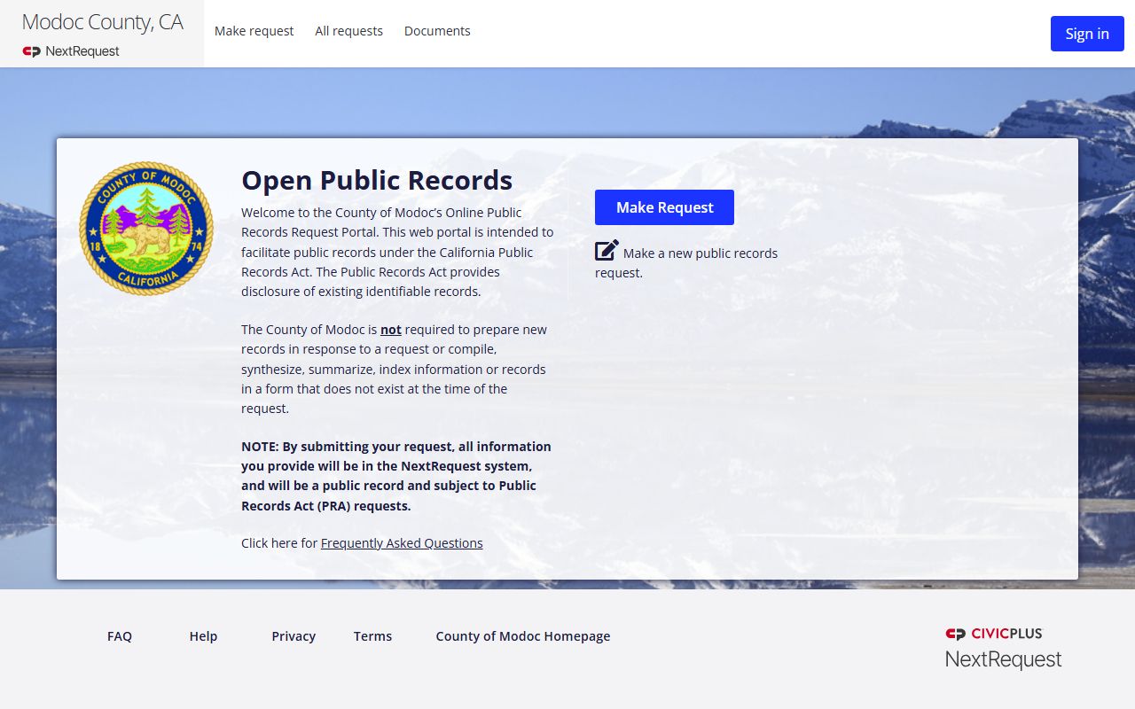 Modoc County NextRequest portal for arrest records requests