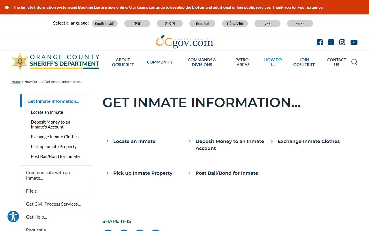 Orange County Sheriff get inmate information page for arrest records