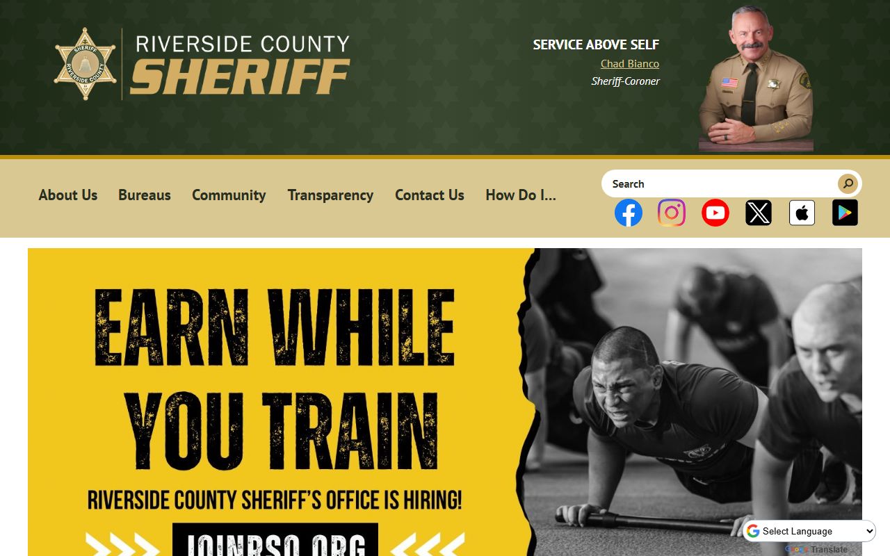 Riverside County Sheriff homepage with arrest and booking information