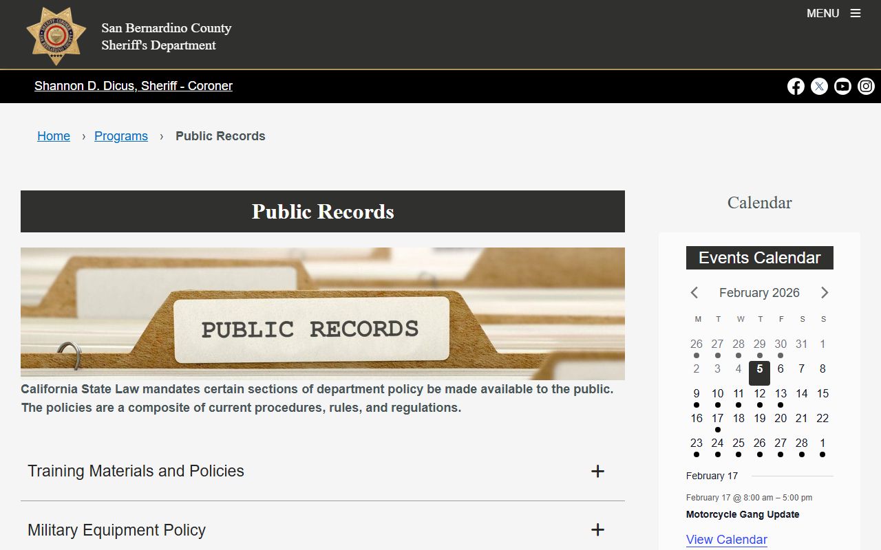 San Bernardino County Sheriff public records request page for arrest data