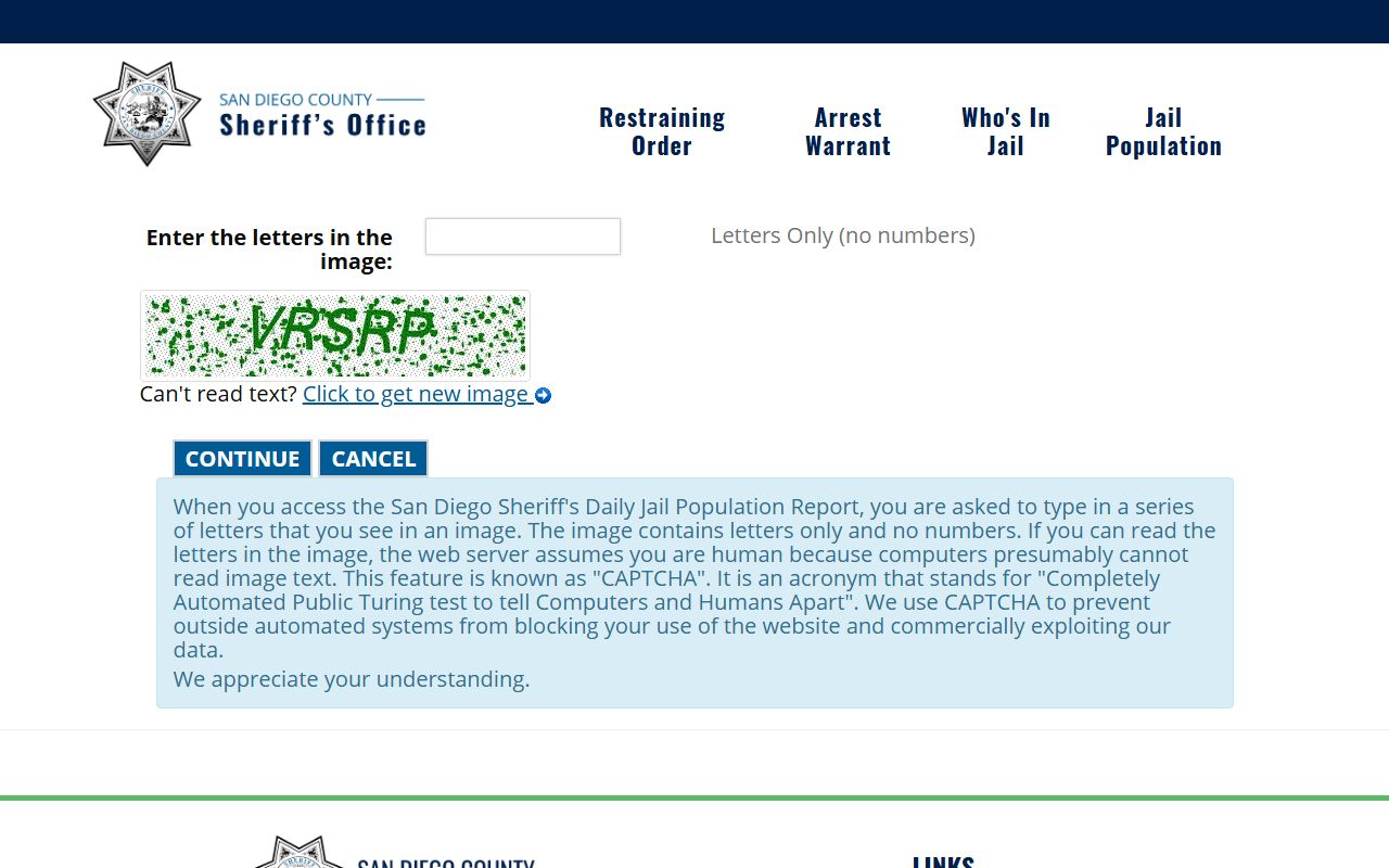 San Diego County Sheriff Who's In Jail search for recent arrest records