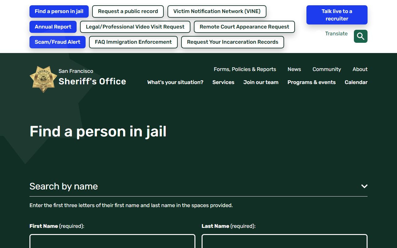 San Francisco Sheriff inmate search portal for recent arrest records