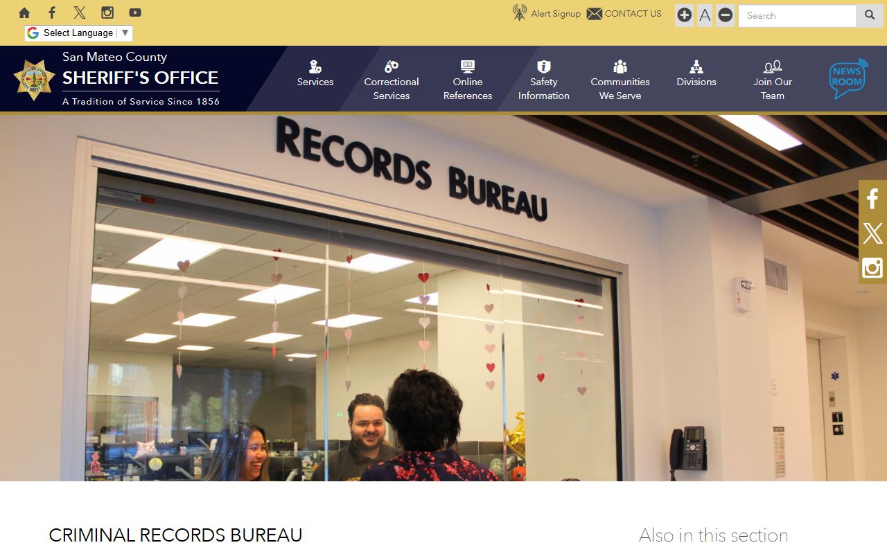 San Mateo County Sheriff Criminal Records Bureau page for arrest record access