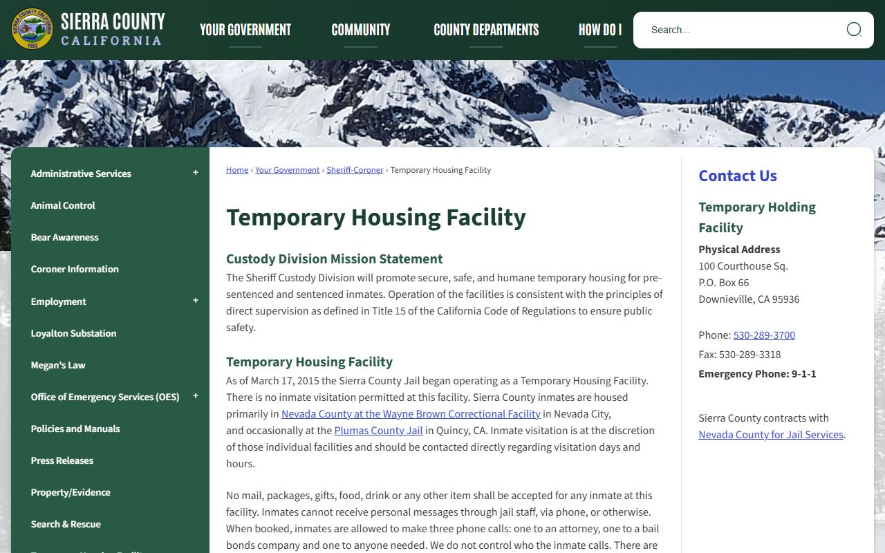 Sierra County Sheriff temporary housing facility page for arrest records