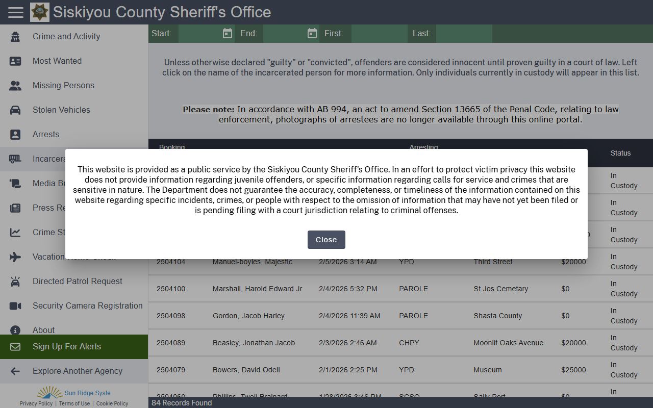 Siskiyou County Sheriff CitizenRIMS portal for recent arrest records search