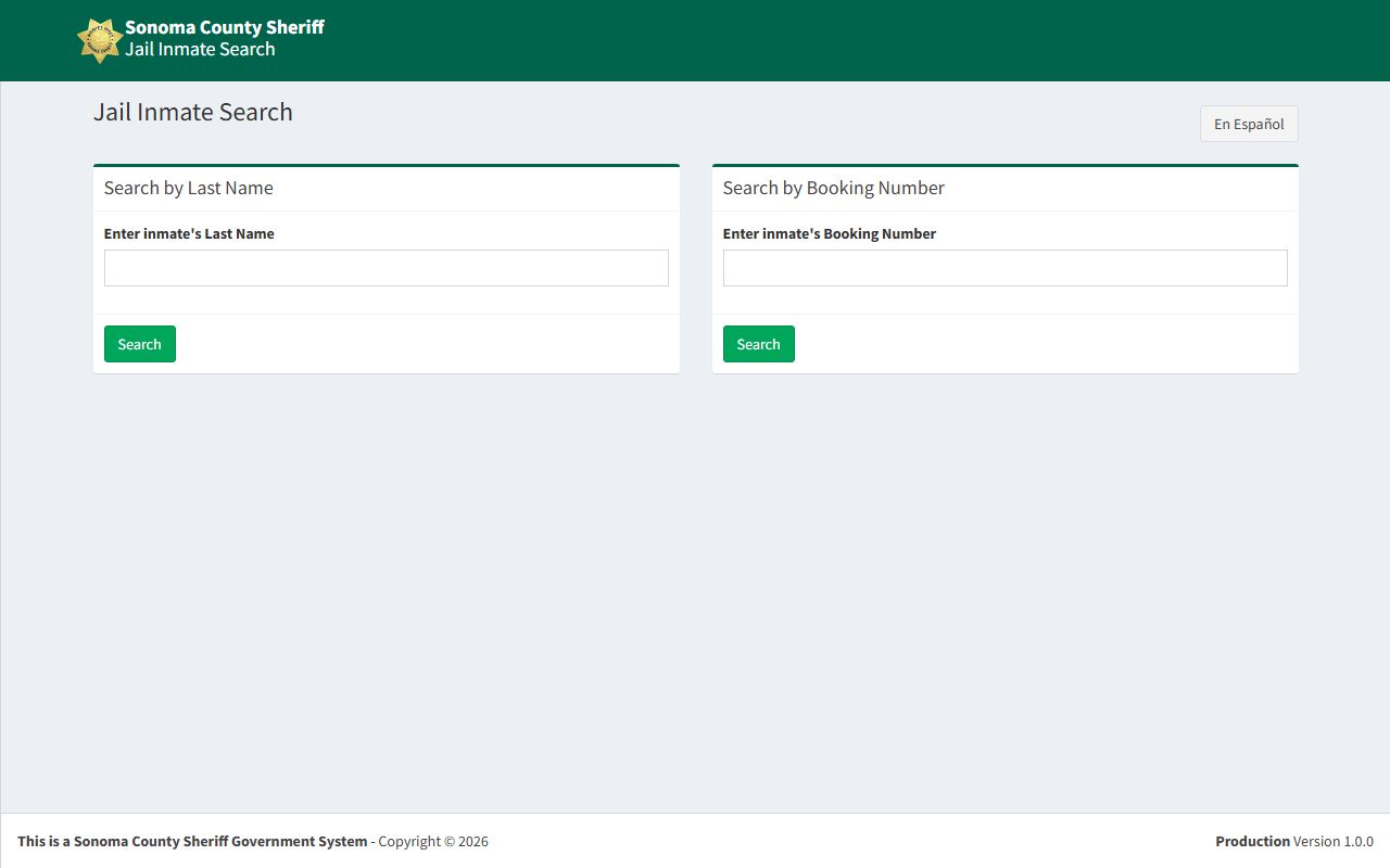 Sonoma County Sheriff inmate search database for current custody records