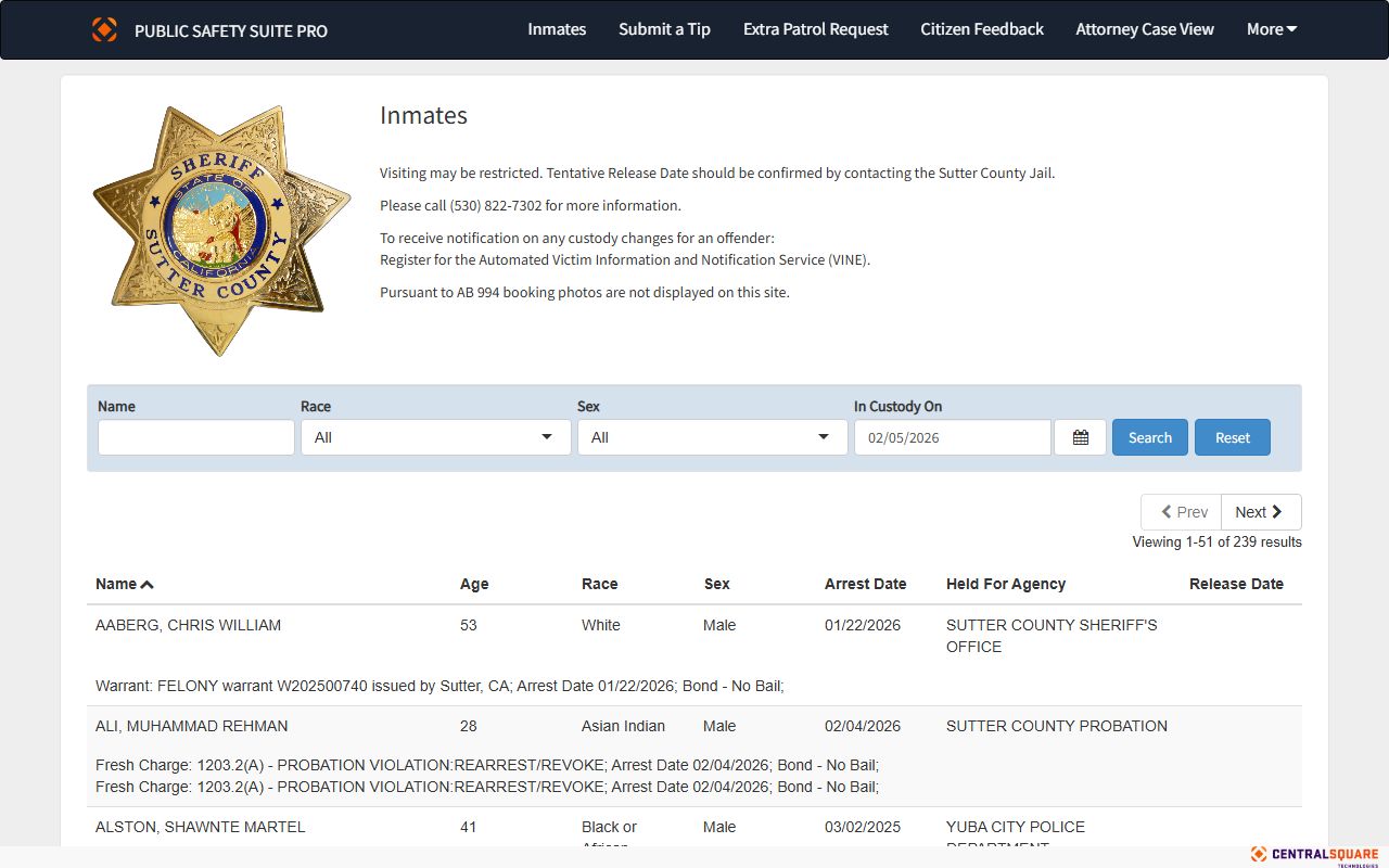 Sutter County Sheriff Zuercher Portal showing inmate search for recent arrest records