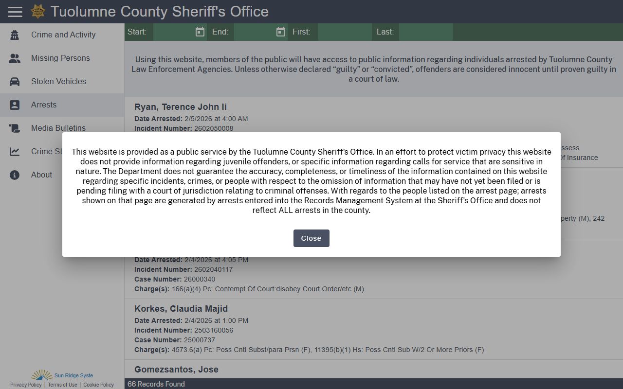 Tuolumne County Sheriff CitizenRIMS arrest records portal
