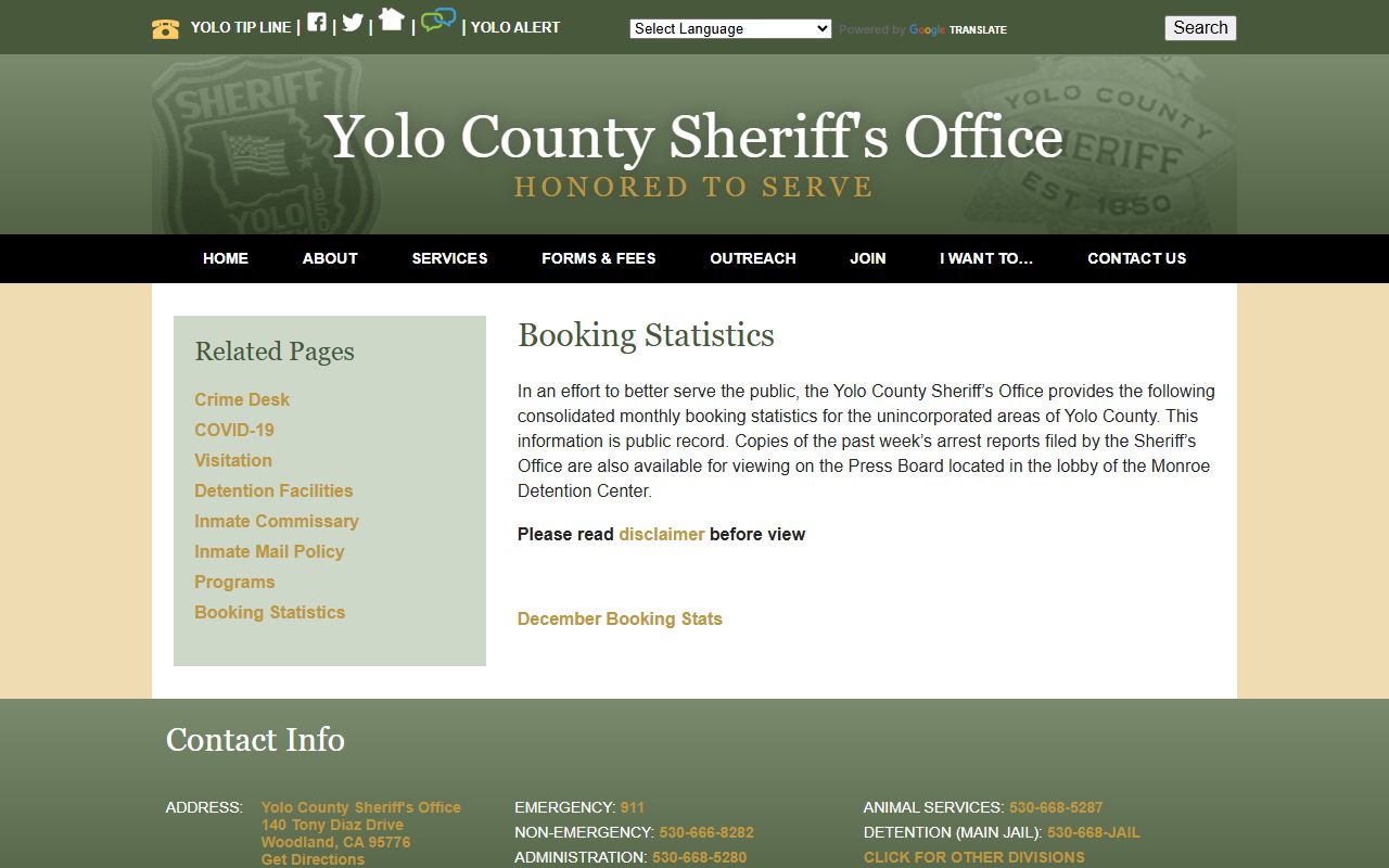 Yolo County Sheriff booking statistics page for recent arrests