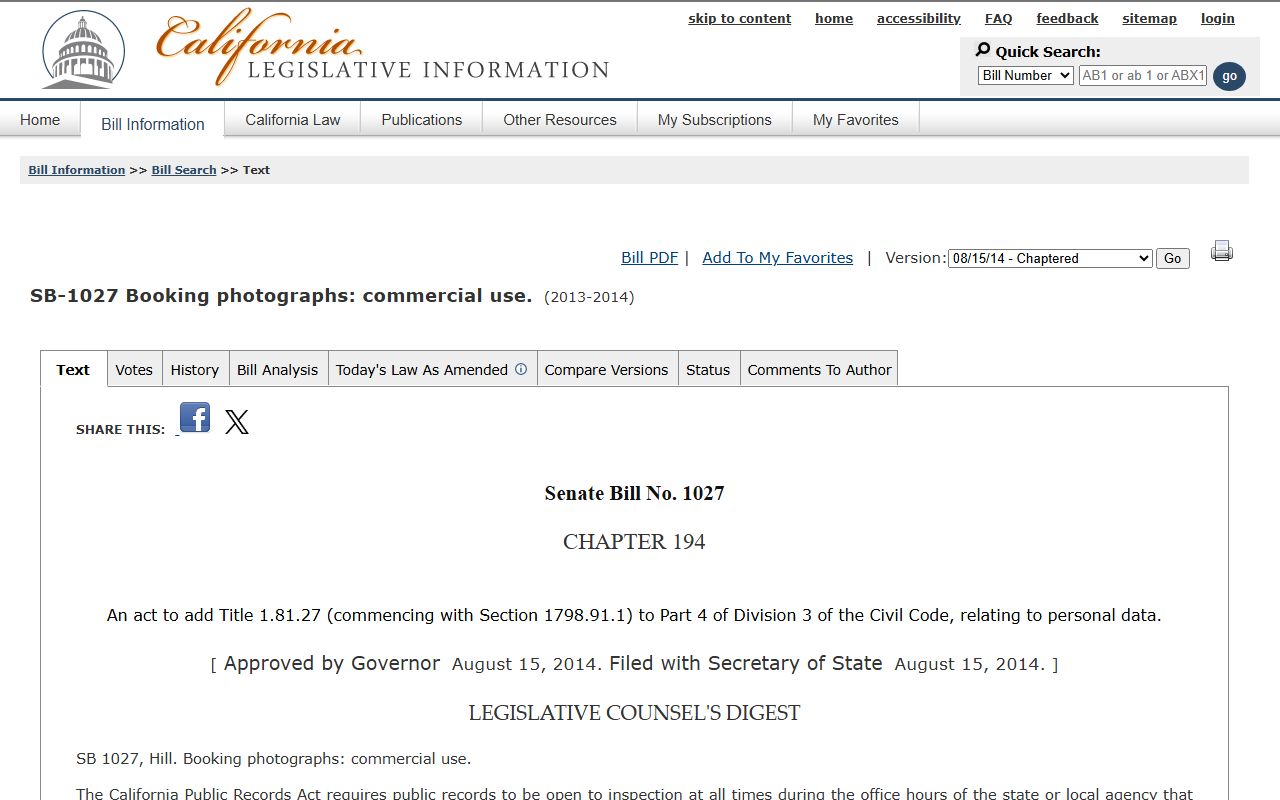 California SB 1027 booking photo commercial use restrictions
