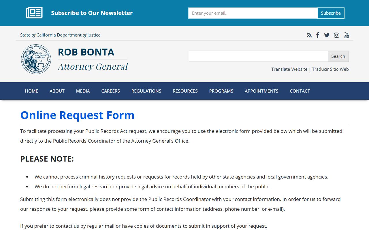 California DOJ online public records request form for arrest records